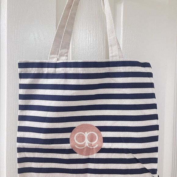 Gorjana Blue and Off-White Striped Canvas Logo Reusable Shopping Tote Bag - Picture 8 of 11